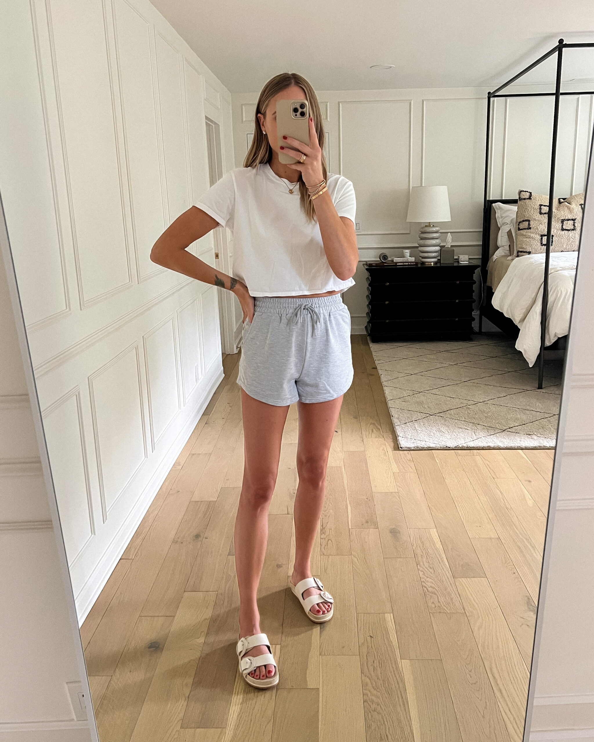 Fashion Jackson Wearing White Boxy Tee Amazon Grey Lounge Shorts Vince Slide Sandals