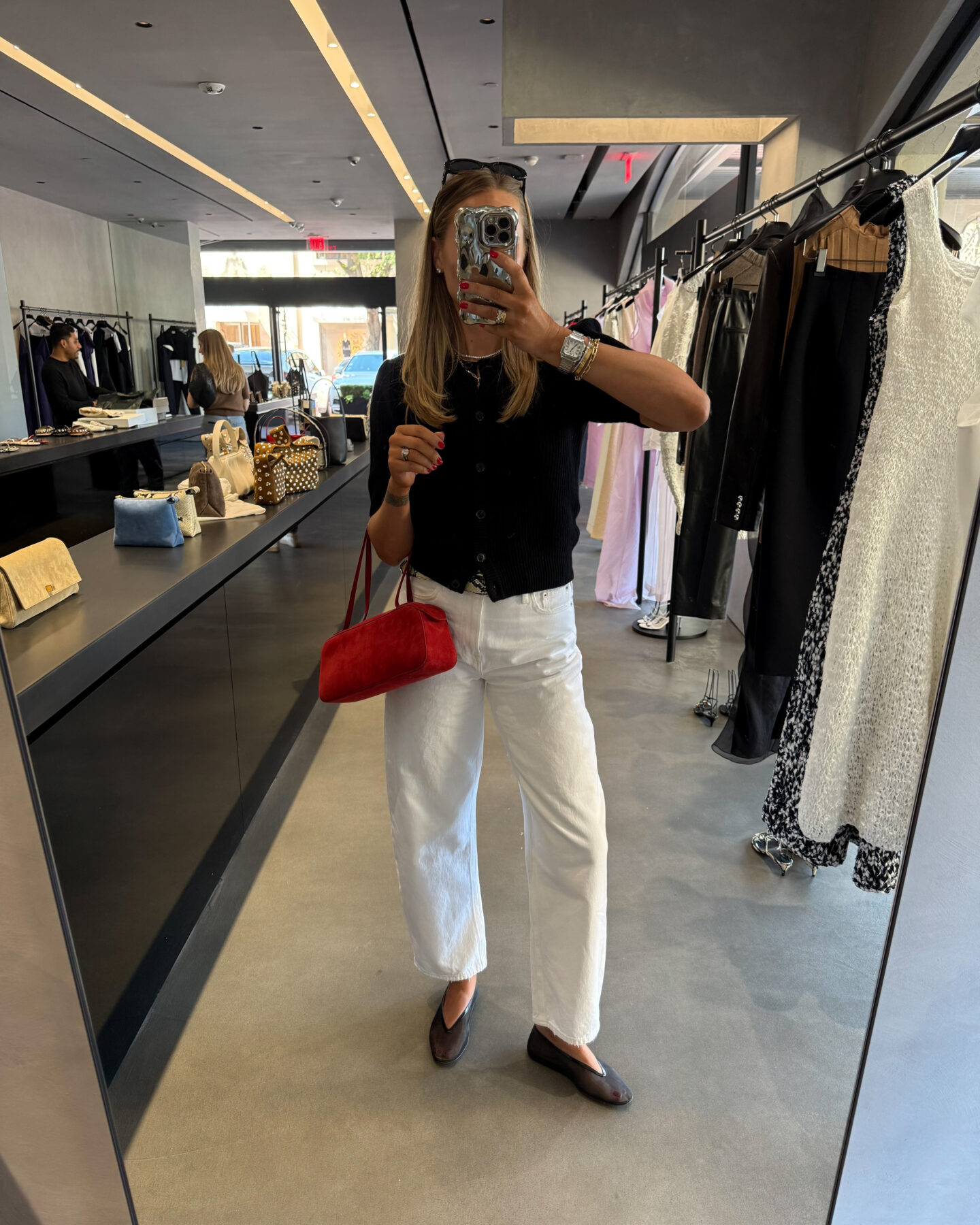 Fashion Jackson Wearing Black Short Sleeve Cardigan Pistola White Wes Barrel Jeans Black Sheer Ballet Flats Khaite Simona Red Suede Shoulder Bag Womens Fall Outfit Womens Spring Outfit