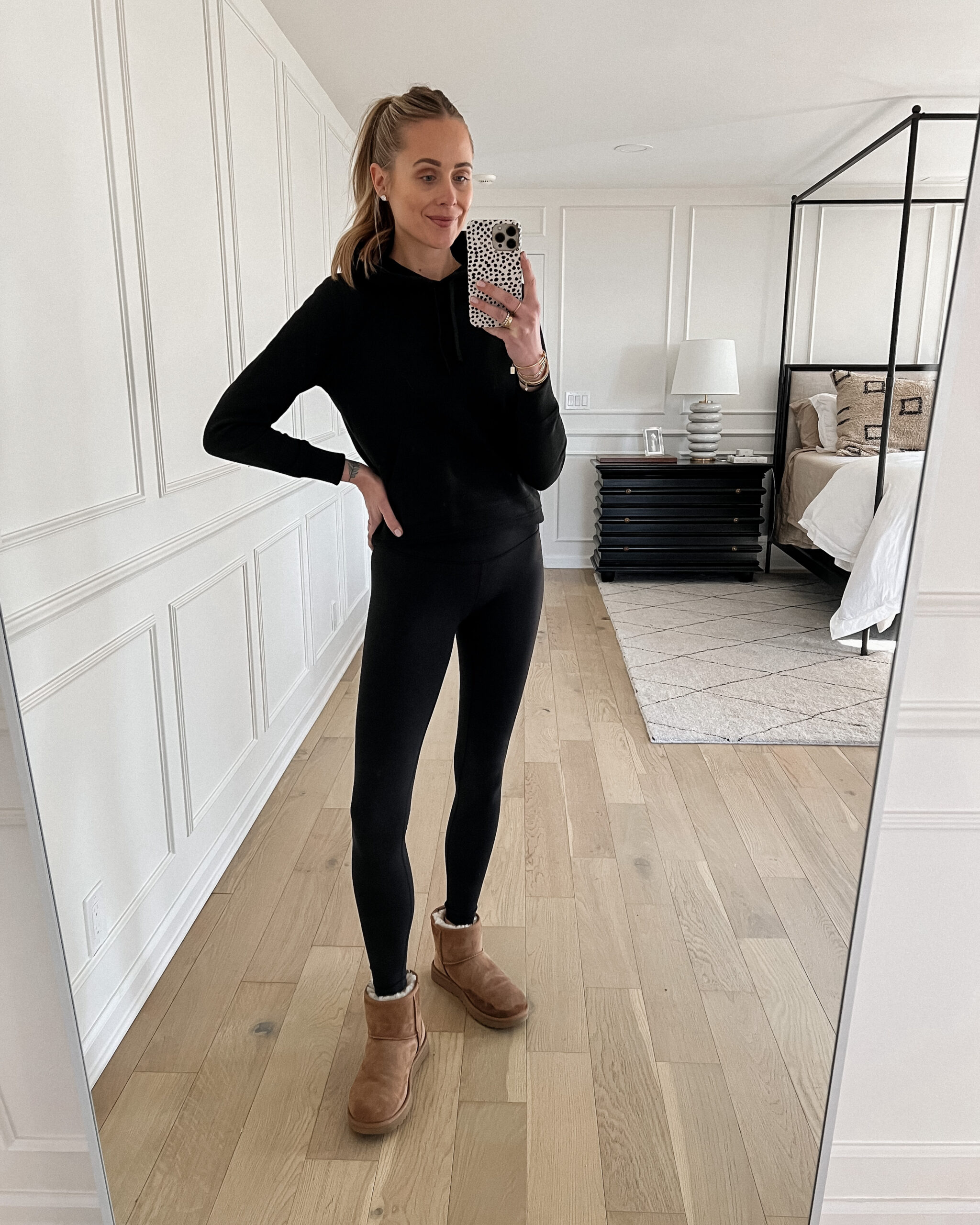 Fashion Jackson Wearing Amazon Fashion Black Hoodie Sweatshirt Black Leggings Tan Mini Ugg Boots