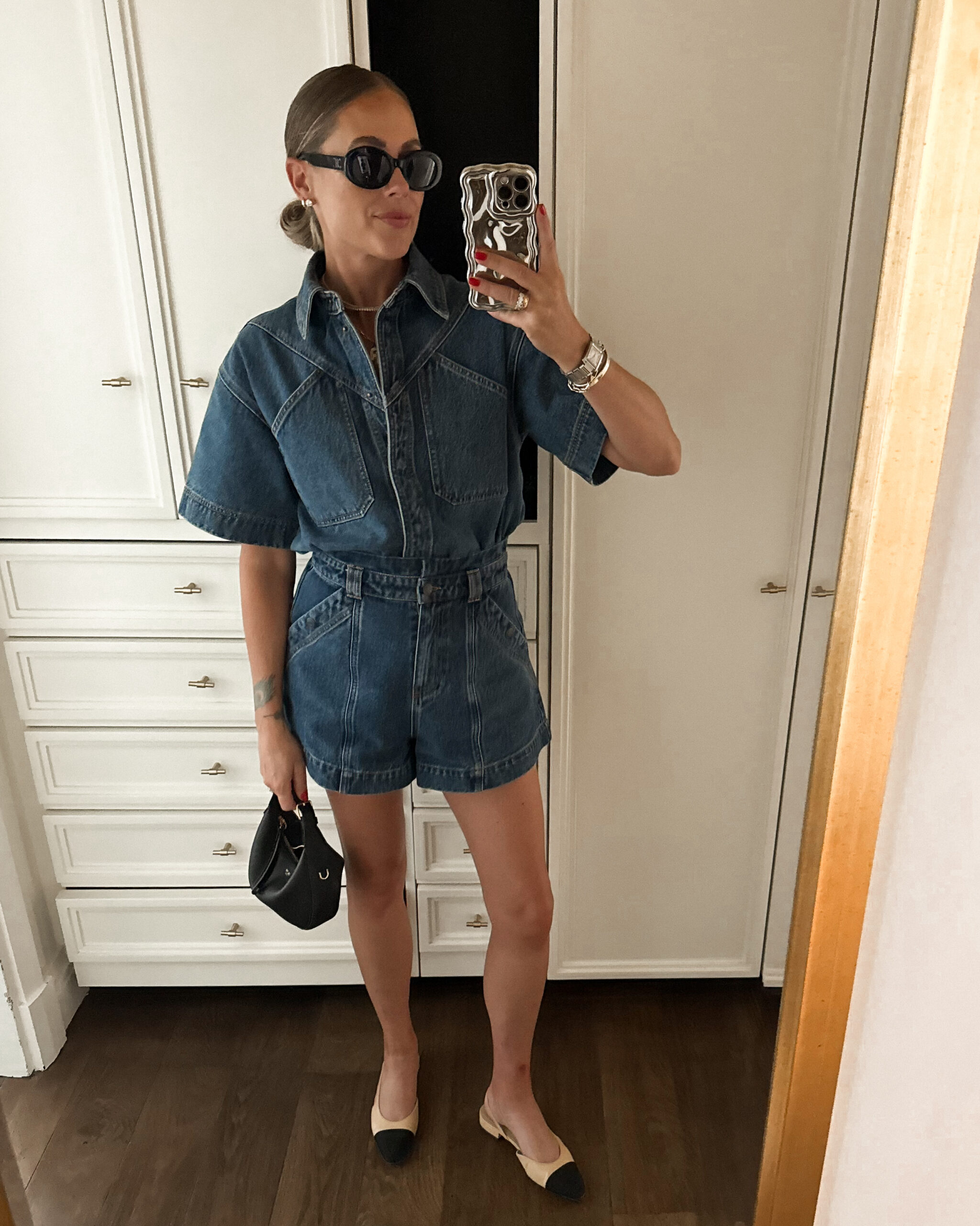 Fashion Jackson Wearing Shone Joy Denim Shorts Matching Set Chanel Flat Slingbacks Celine Teen Lulu Black Handbag Summer Paris Outfit