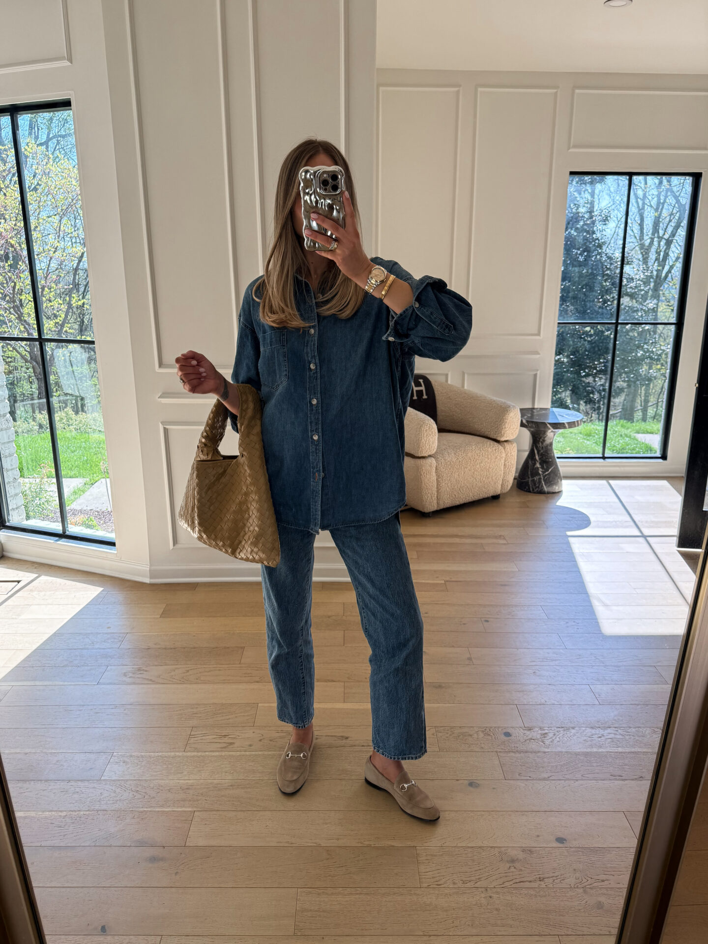 Fashion Jackson Wearing Denim Shirt, Denim Jeans, Gucci Tan Suede Loafers, Bottega Veneta Large Hop Handbag Dark Praline-M Brass, Women's Denim outfit idea
