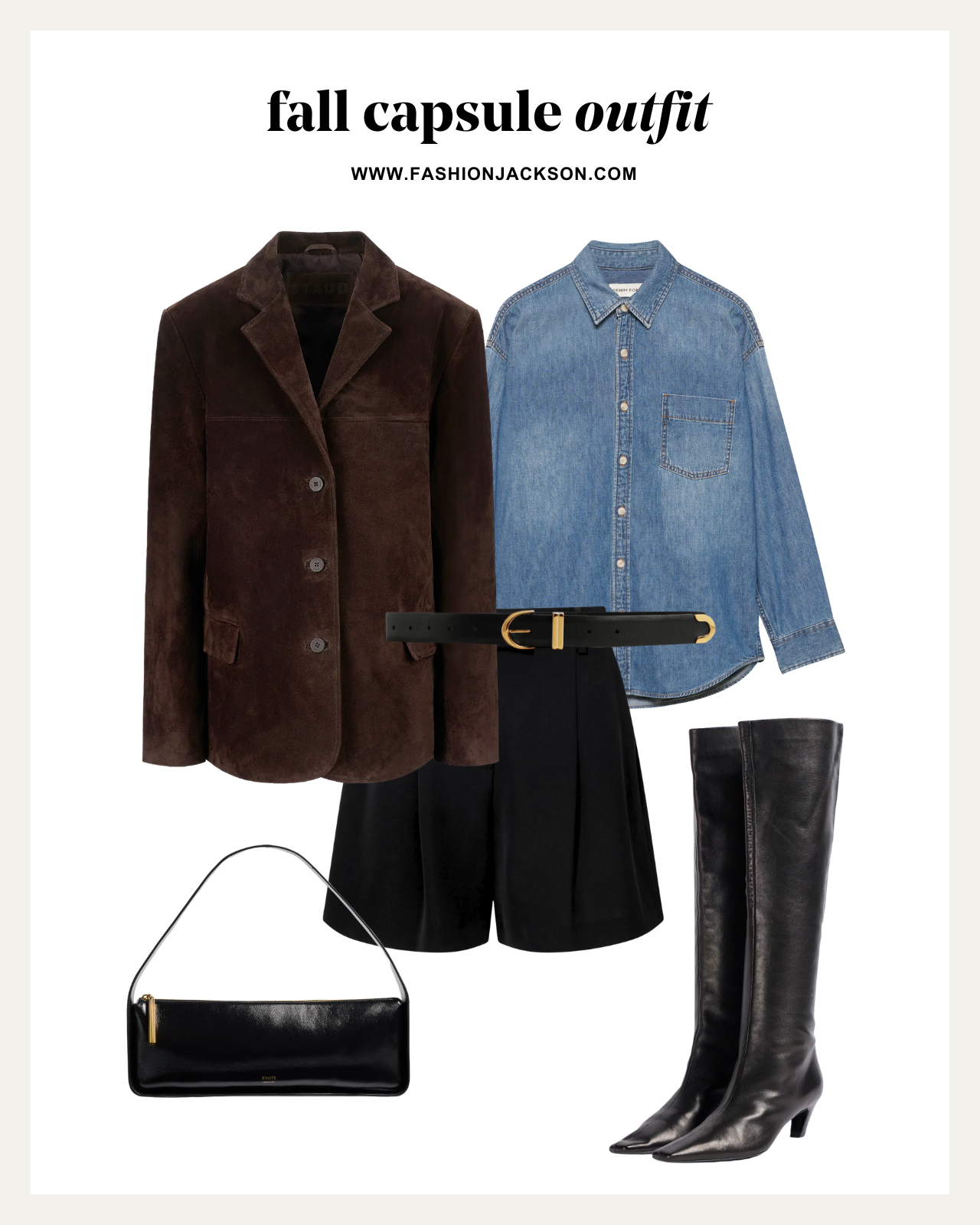 fall capsule wardrobe brown suede blazer outfit