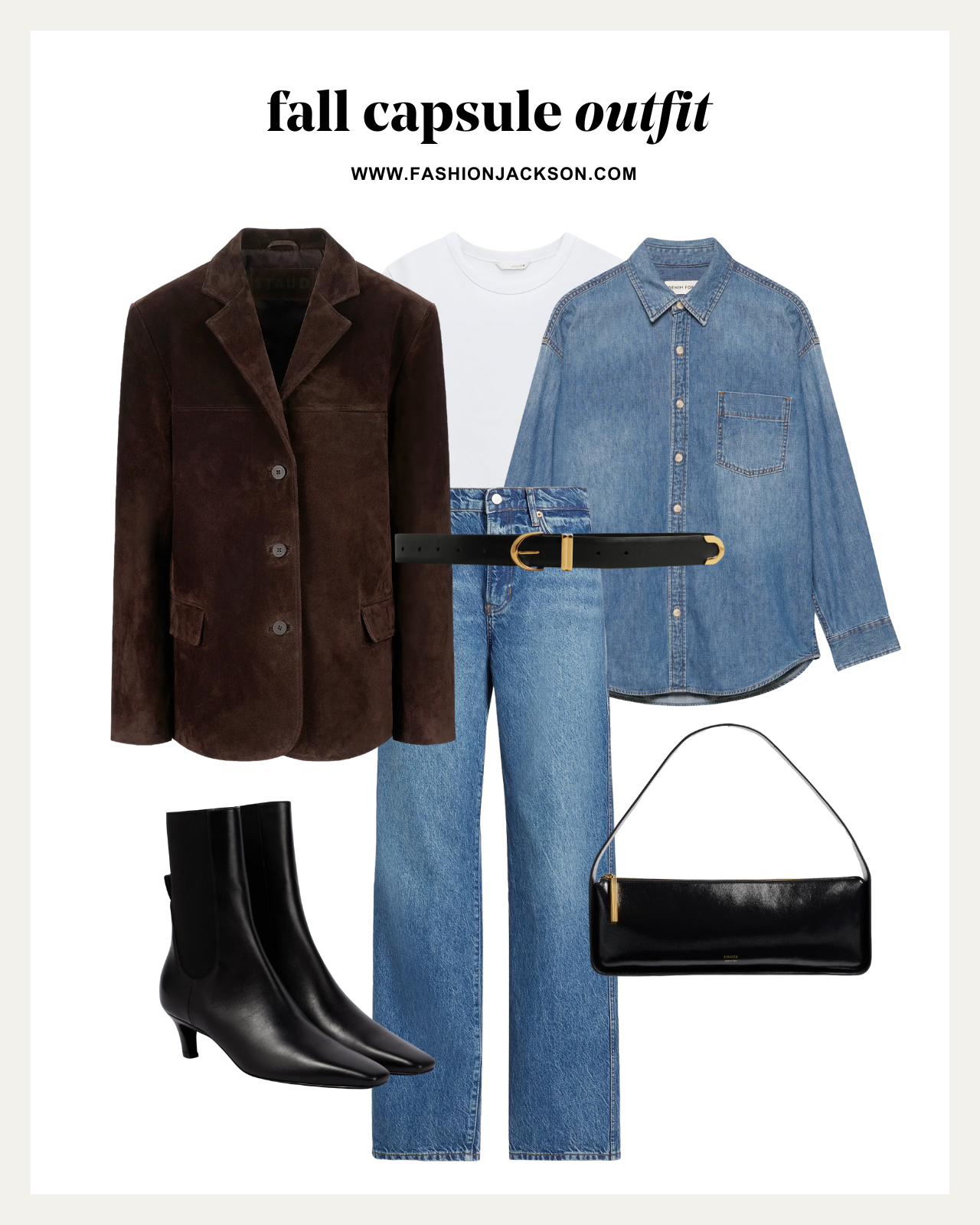 fall capsule wardrobe brown suede blazer outfit