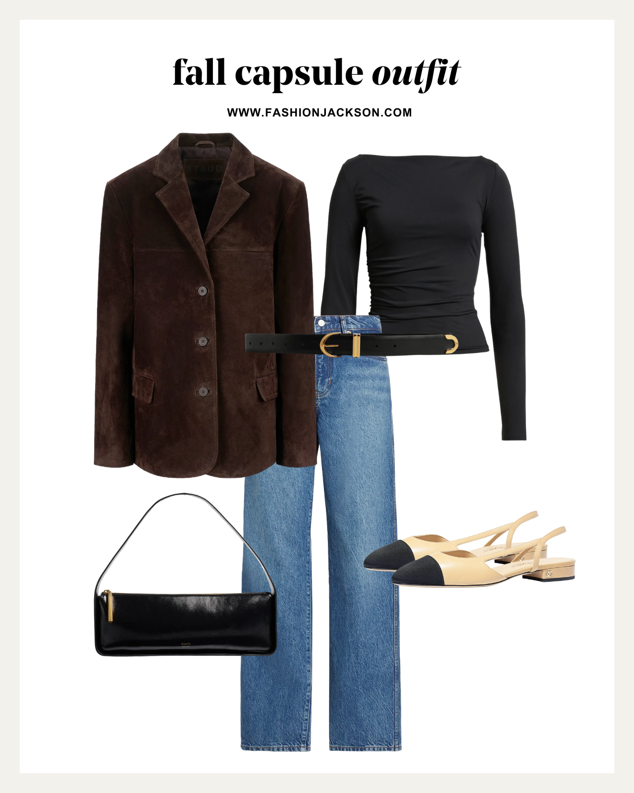 fall capsule wardrobe brown suede blazer outfit