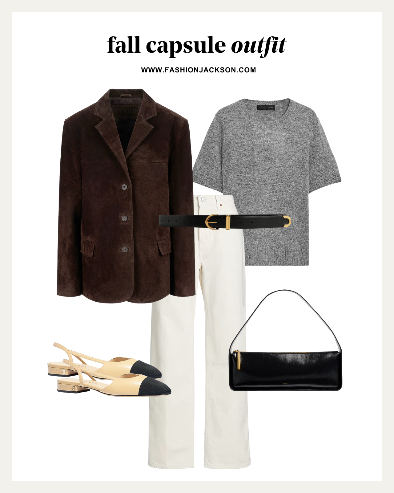 fall capsule wardrobe brown suede blazer outfit