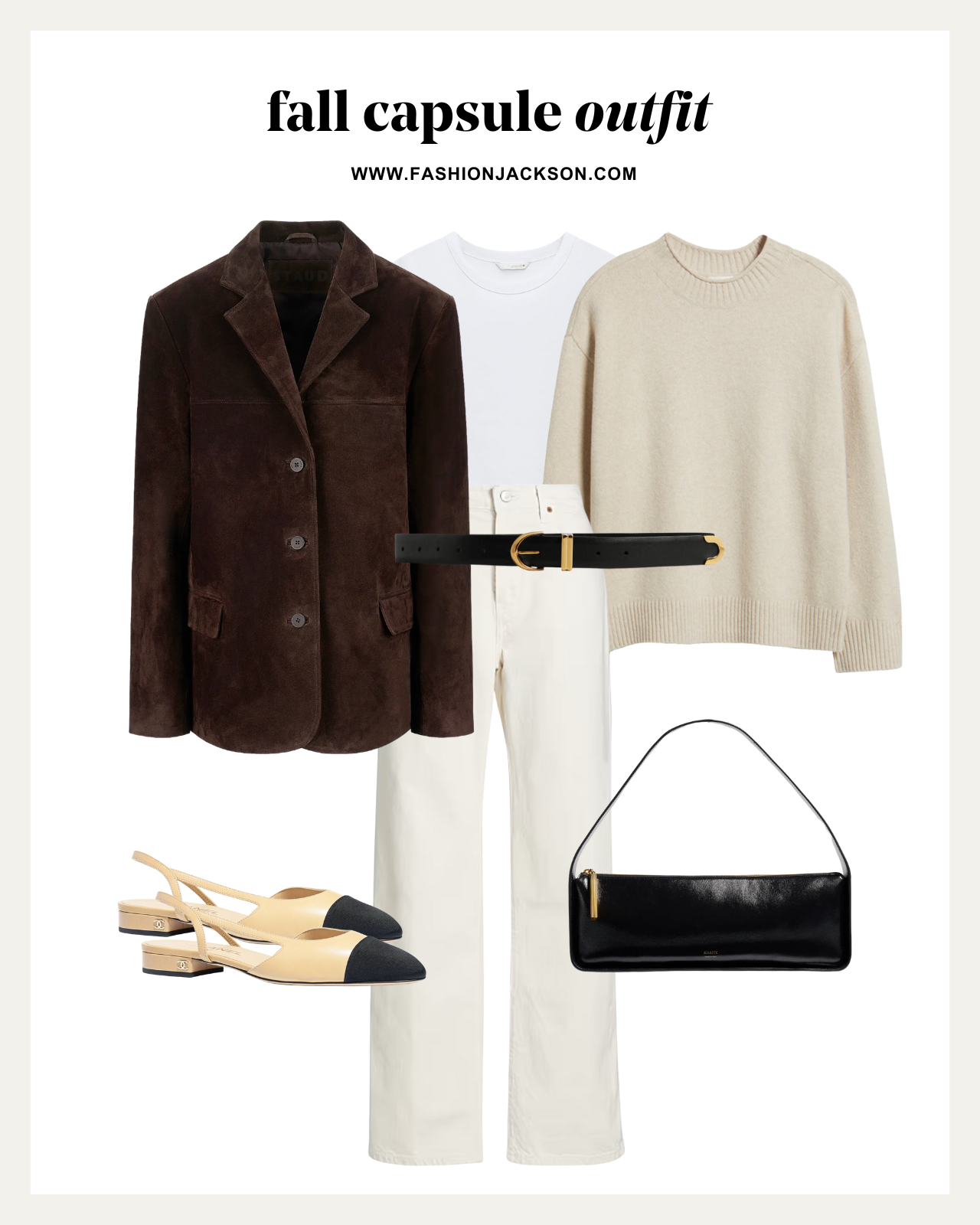 fall capsule wardrobe brown suede blazer outfit